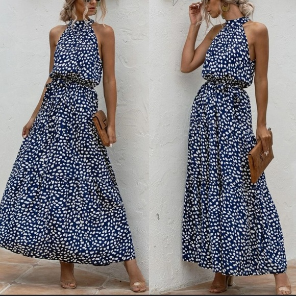 Boho blue white halter dot belted maxi dress - Picture 3 of 4